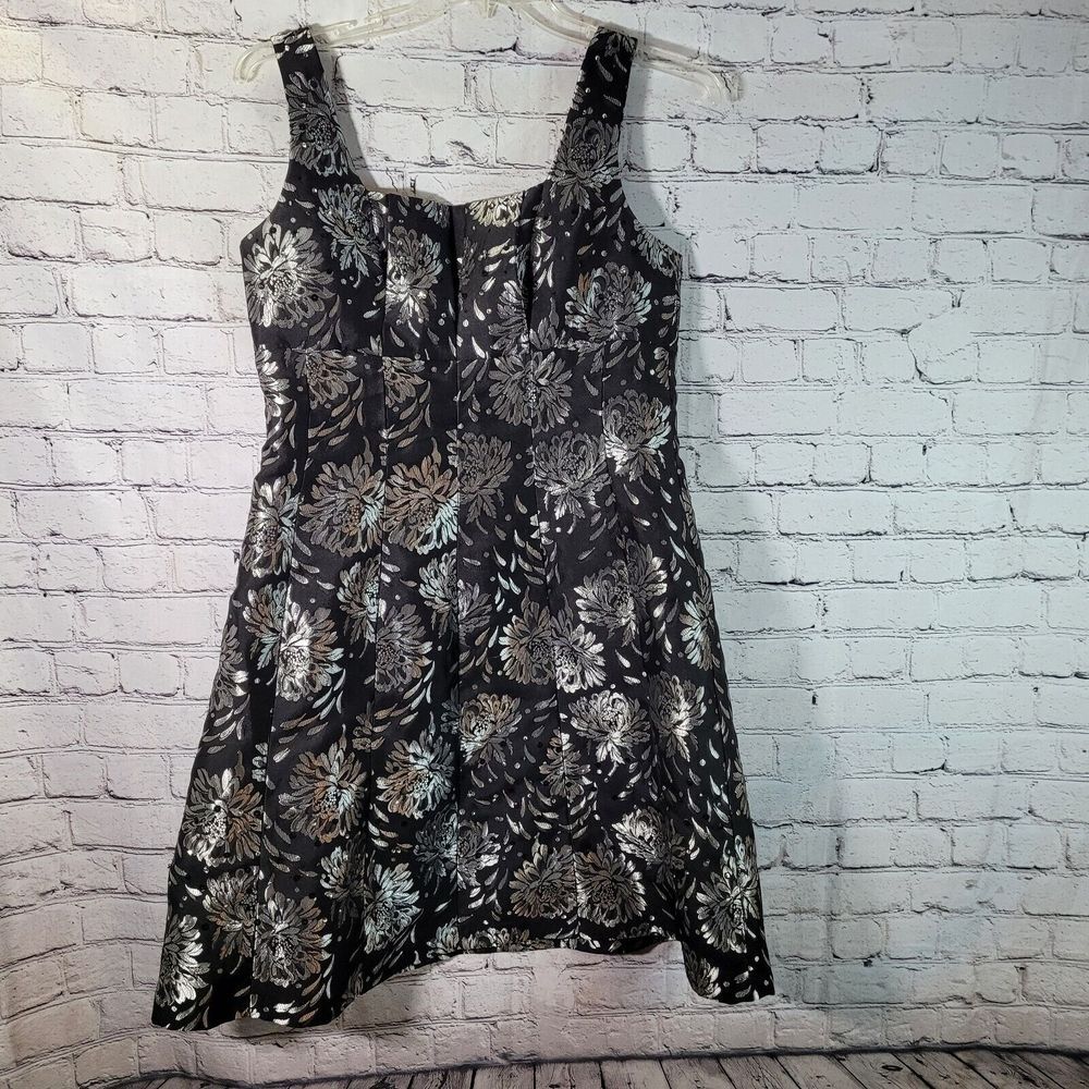 R&M Richards‎ Cocktail Dress Women 12 Black Silver Floral Brocade Sequin Exc